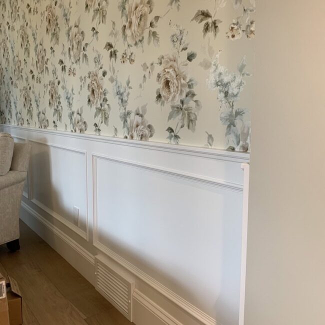 living room with flower wallpaper
