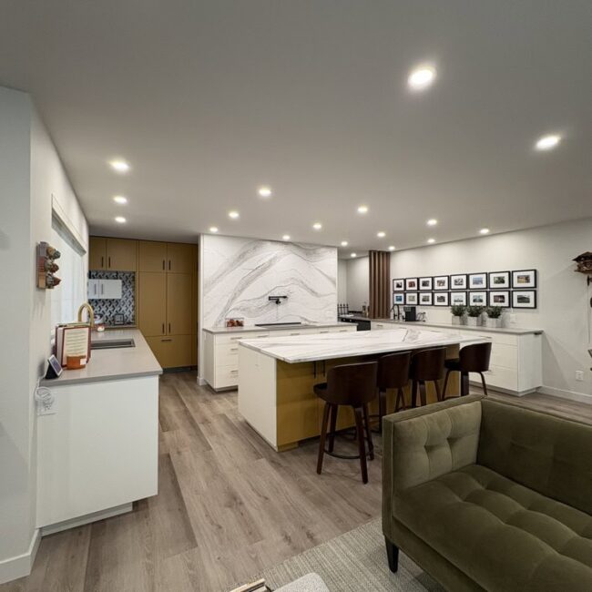 Kitchen area with marble countertops