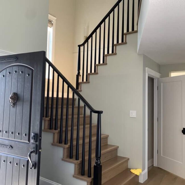 staircase with black railings