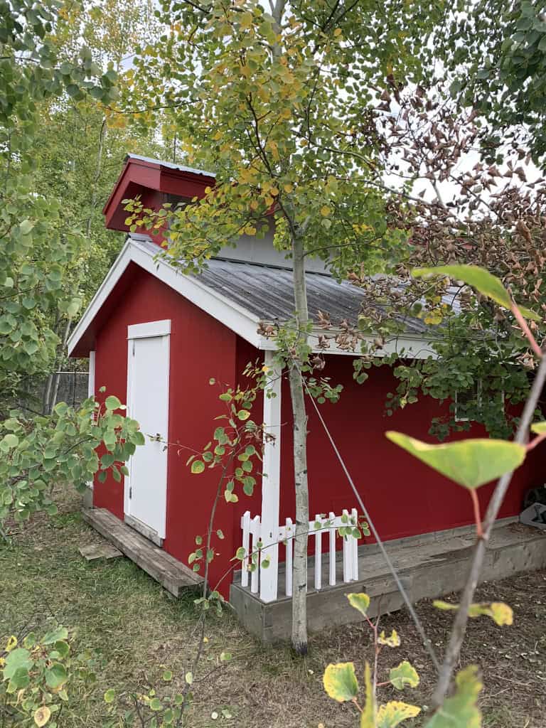 shed painted with red siding and white