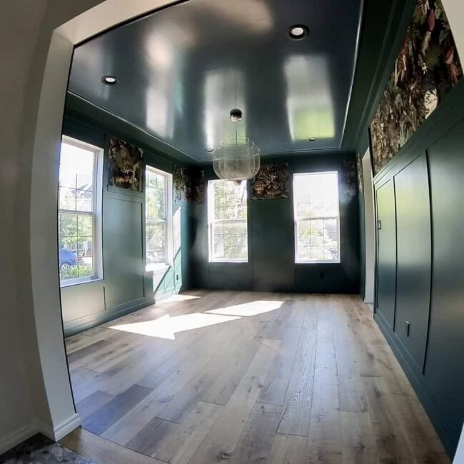 Room with green cabinets and walls and roof