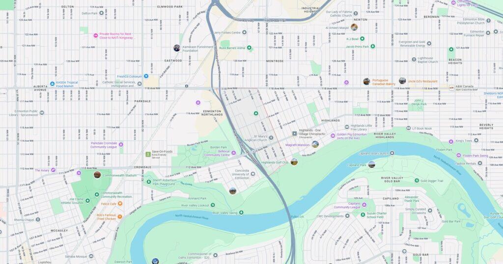 Edmonton city map showing parks, stadiums, and community centers for outdoor activities and local exploration.