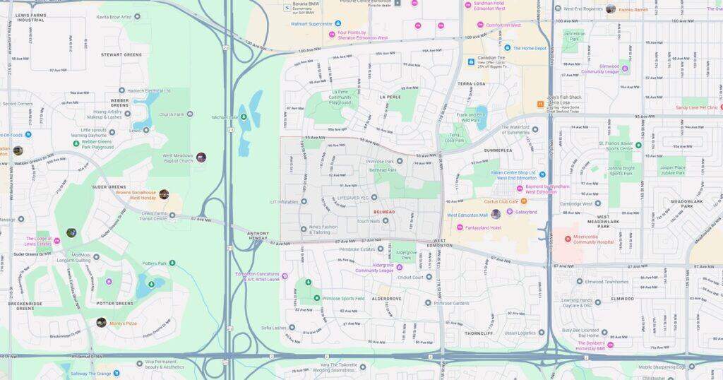 A detailed map showcasing West Edmonton, Alberta, featuring parks, community centers, shopping areas, and neighborhoods like Lewis Farms, Suder Greens, and Webb Greens for residents and visitors.