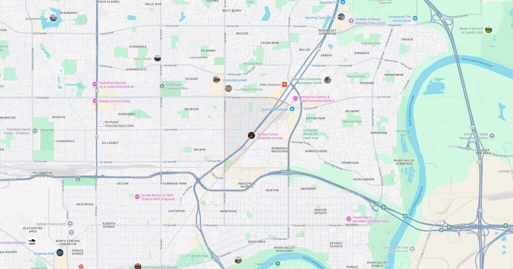 Edmonton city map showing neighborhoods, parks, hotels, and attractions across central and north Edmonton. Key locations include Century Casino, Kingsway Mall, and River Valley parks.