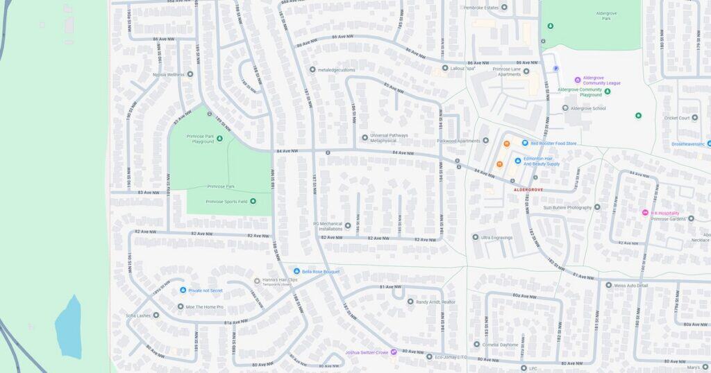 Detailed map showing streets, parks, and landmarks in a suburban area.