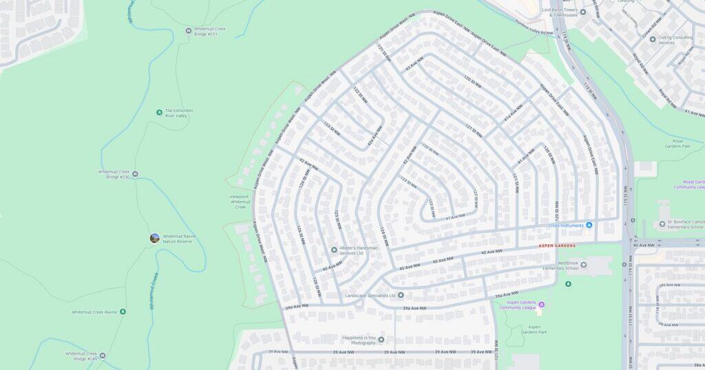 Detailed map of a suburban residential area showing streets, houses, and nearby green spaces, ideal for real estate or community planning websites.