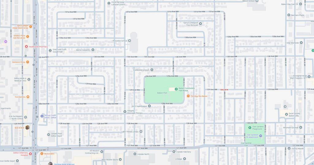 Detailed city map showing streets, parks, and public spaces in a residential area.