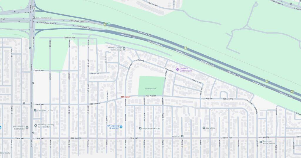 Detailed map showing streets, parks, and transportation routes in a city neighborhood.