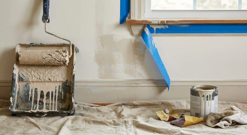 Paint roller with beige paint on a wall, window with blue painter's tape, and painting supplies on the floor.