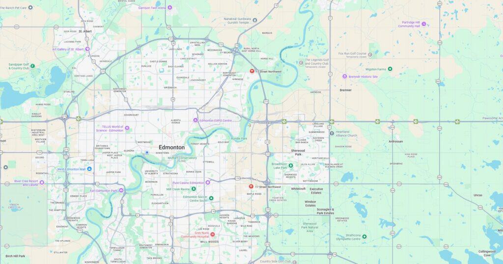 Map of Edmonton showing key streets, neighborhoods, and natural features in the city.