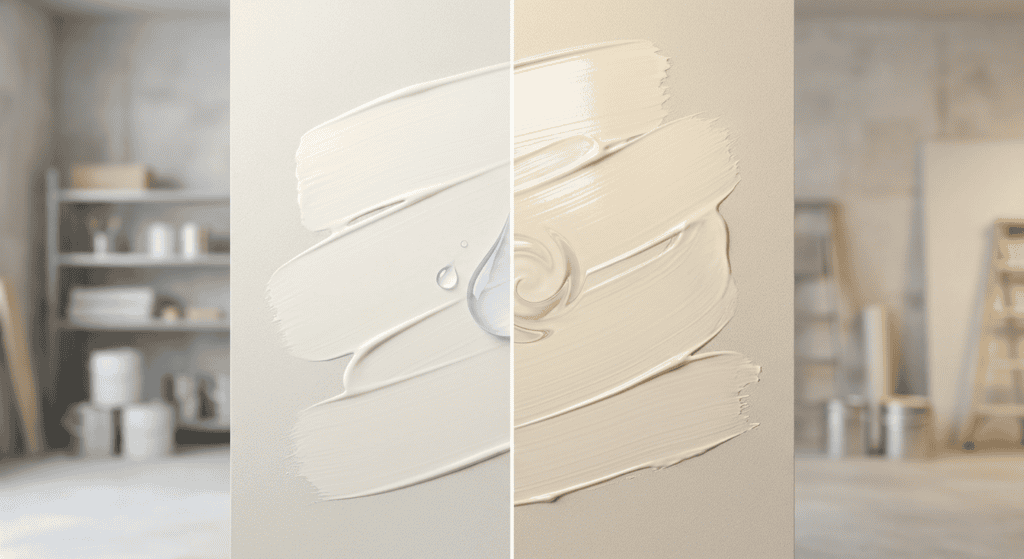 A close-up of a wall with textured cream-colored paint swatches, showing the paint's smooth application and subtle color variations.