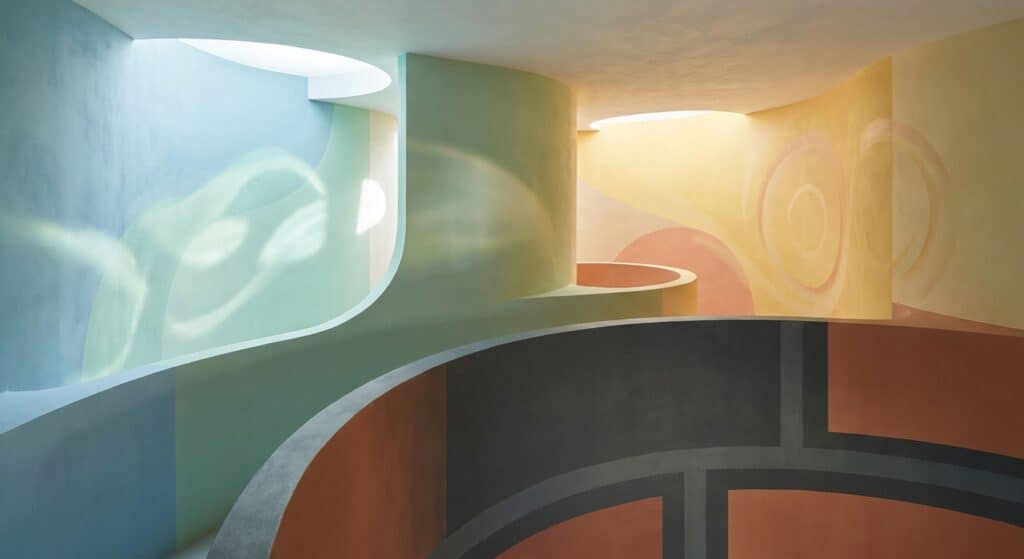 Bright, abstract architectural design featuring smooth, flowing curves and pastel hues.