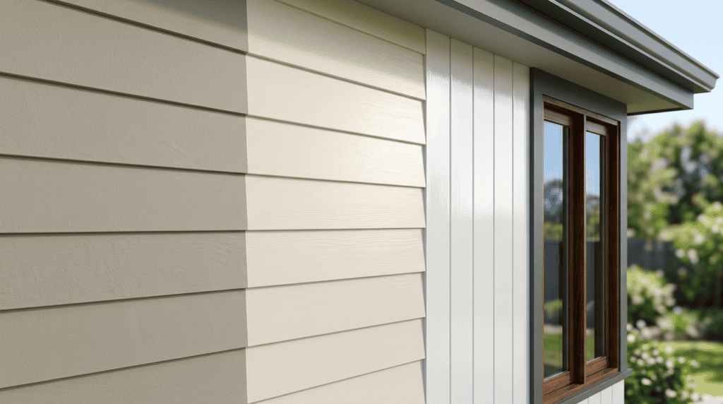 Close-up of beige horizontal siding and a white vertical panel with a wooden-framed window, showcasing contemporary residential design.