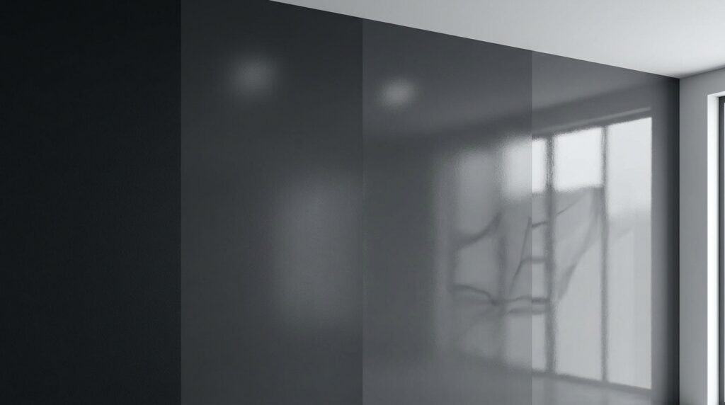 Empty modern interior wall with a large window reflecting natural light and shadows, minimalistic design, gray wall, bright space.