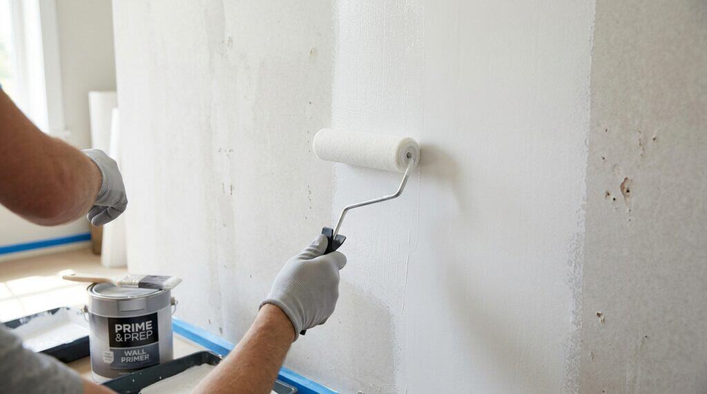 Person painting a wall with a roller brush, wearing gloves, in a well-lit room.
