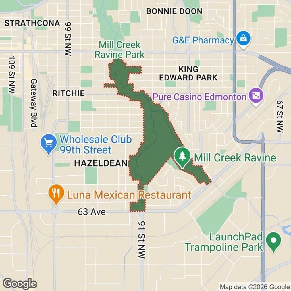 google maps image of Mill Creek Ravine, Edmonton, AB