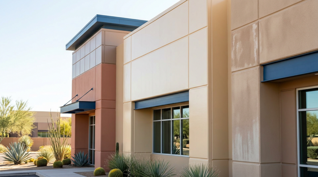 Commercial building exterior painted for durability in Edmonton's climate